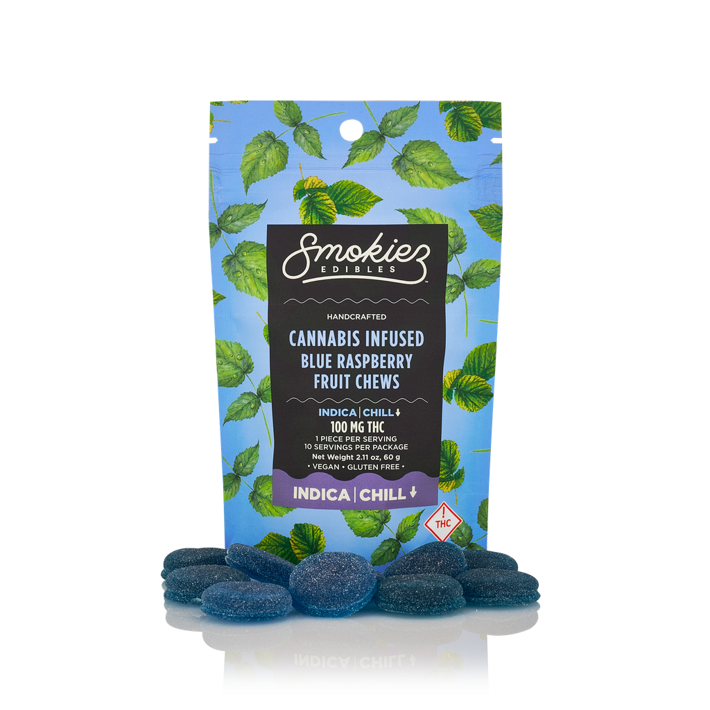 Smokiez Sweet Blue Raspberry Fruit Chews Gummies 10pk 100mg
