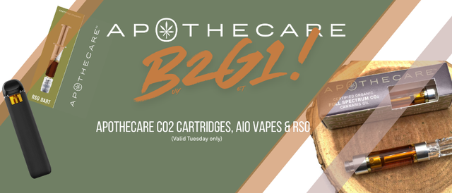 Cannabis Promo, Cannabis Sales, Cannabis Discounts, Cannabis on Sale, Tuesday Deal - Apothecare AIO's, Carts  & RSO B2G1