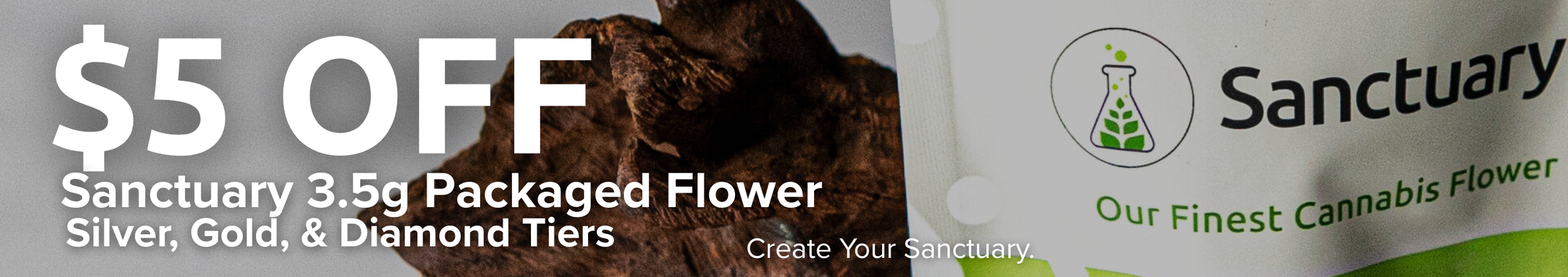 Cannabis Promo, Cannabis Sales, Cannabis Discounts, Cannabis on Sale, $5 OFF Sanctuary Eighths