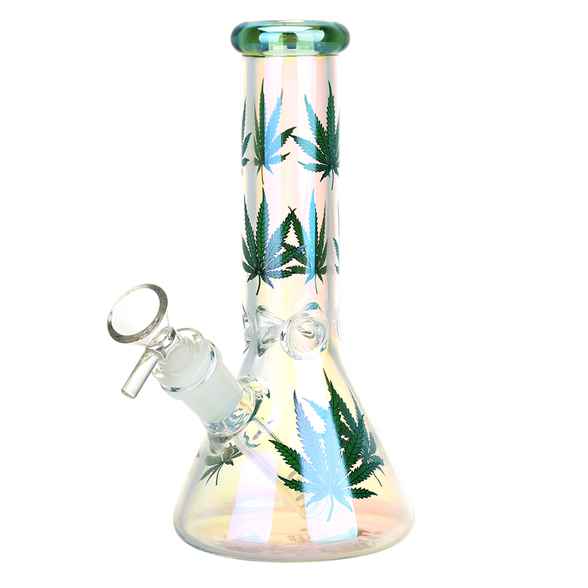 Realistic Hemp Leaf Glass Beaker Water Pipe 7.75" 