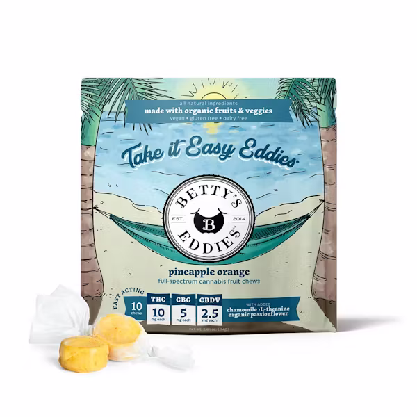 Betty's Eddies 4:2:1 THC:CBG:CBDV Pineapple Orange Take It Easy Betty's Fruit Chew 100mg, 10pk