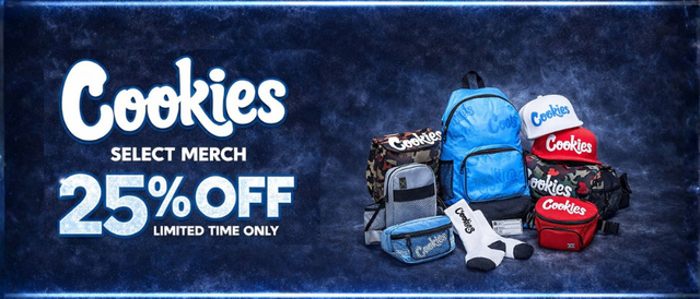 Cannabis Promo, Cannabis Sales, Cannabis Discounts, Cannabis on Sale, 25% Off Select Cookies Merch