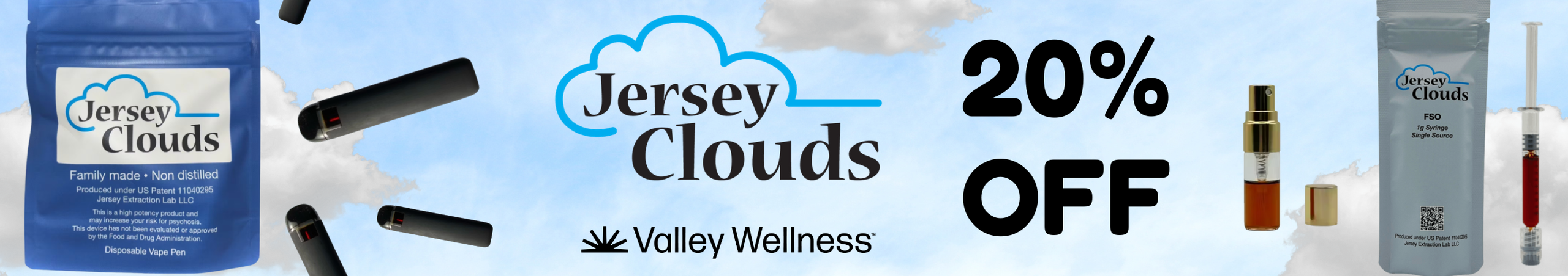 Cannabis Promo, Cannabis Sales, Cannabis Discounts, Cannabis on Sale, 20% OFF JERSEY CLOUDS VAPES