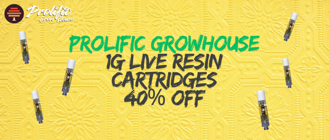 Cannabis Promo, Cannabis Sales, Cannabis Discounts, Cannabis on Sale, Prolific 1g Live Resin Cartridges, 40% Off