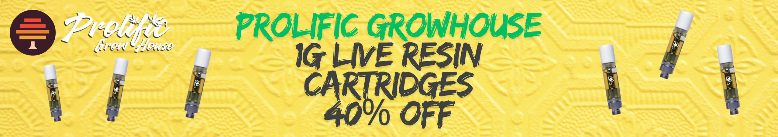 Cannabis Promo, Cannabis Sales, Cannabis Discounts, Cannabis on Sale, Prolific 1g Live Resin Cartridges, 40% Off