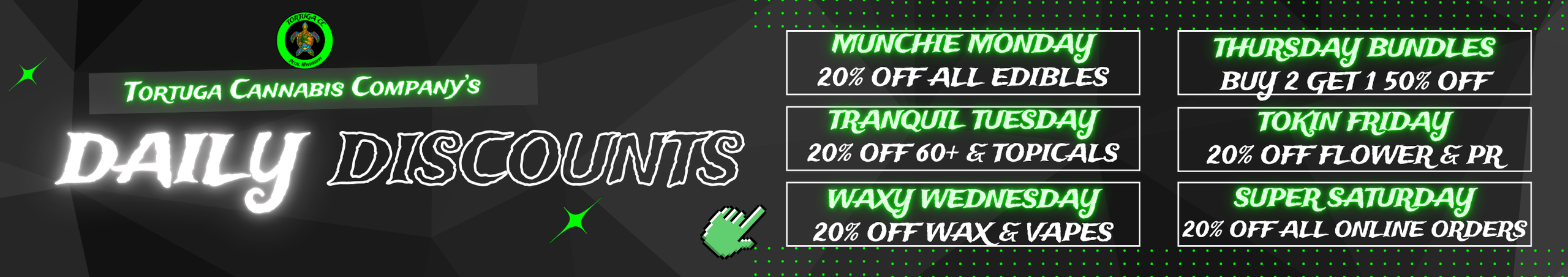 Cannabis Promo, Cannabis Sales, Cannabis Discounts, Cannabis on Sale, Daily Specials List