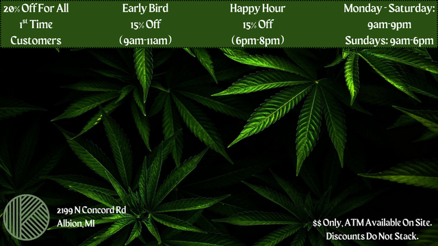 Cannabis Promo, Cannabis Sales, Cannabis Discounts, Cannabis on Sale, Happy Hour 6pm-8pm 15% Off