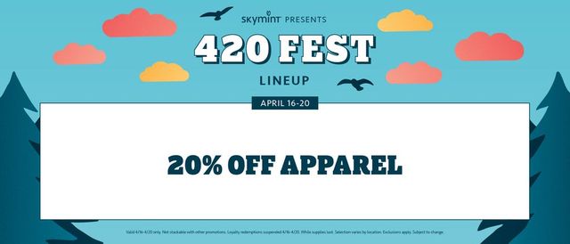 Cannabis Promo, Cannabis Sales, Cannabis Discounts, Cannabis on Sale, 4/20 @ Skymint: 20% off Apparel