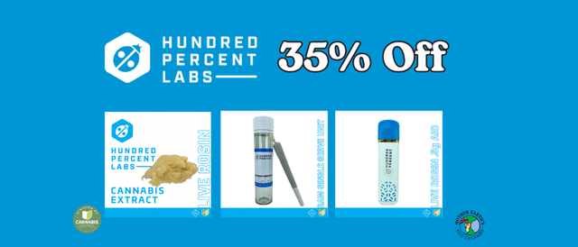 Cannabis Promo, Cannabis Sales, Cannabis Discounts, Cannabis on Sale, 35% off Hundred Percent Labs