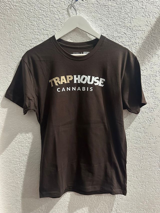 Tan Trap Front Text White Back Logo on Brown Trap House