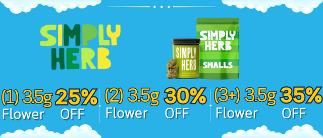 Cannabis Promo, Cannabis Sales, Cannabis Discounts, Cannabis on Sale, Simply Herb 3.5g 25% Off 1, 30% Off 2, 35% Off 3+
