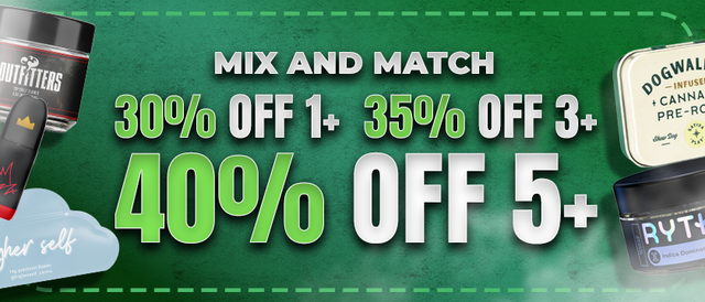 Cannabis Promo, Cannabis Sales, Cannabis Discounts, Cannabis on Sale, 35% Off 3+, 40% Off 5+