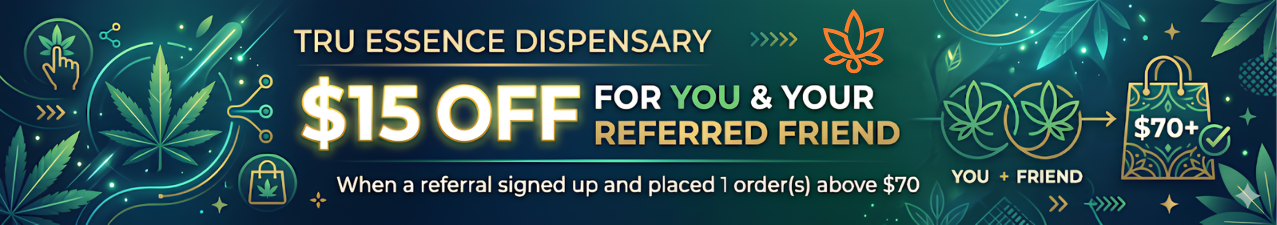 Cannabis Promo, Cannabis Sales, Cannabis Discounts, Cannabis on Sale, $15 off for you & your referred friend