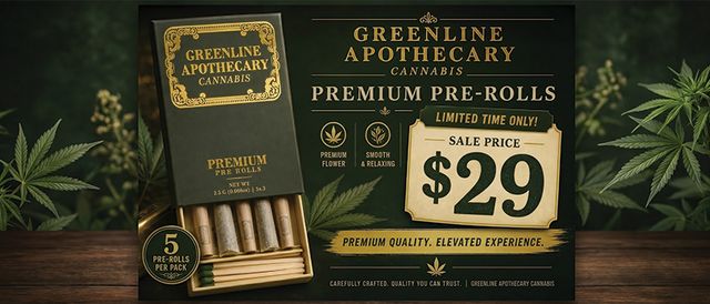 Cannabis Promo, Cannabis Sales, Cannabis Discounts, Cannabis on Sale, Greenline Apothecary Pre-Roll 5 Packs $29