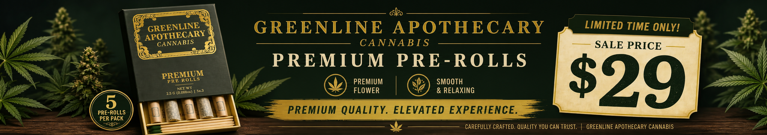 Cannabis Promo, Cannabis Sales, Cannabis Discounts, Cannabis on Sale, Greenline Apothecary Pre-Roll 5 Packs $29