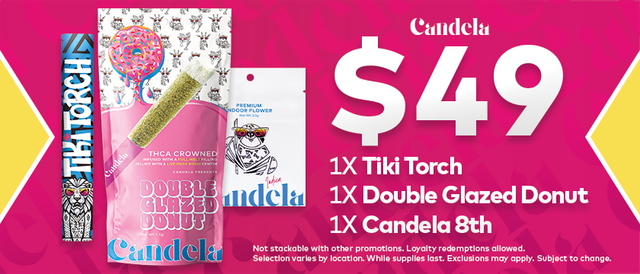 Cannabis Promo, Cannabis Sales, Cannabis Discounts, Cannabis on Sale, $49 Candela Bundle: 8th, 1.2g Tarantula, & 1.5g Donut