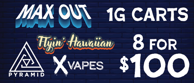 Cannabis Promo, Cannabis Sales, Cannabis Discounts, Cannabis on Sale, XVAPES / FLYIN HAWAIIAN / PYRAMID 1G CARTS -- 8 for $100