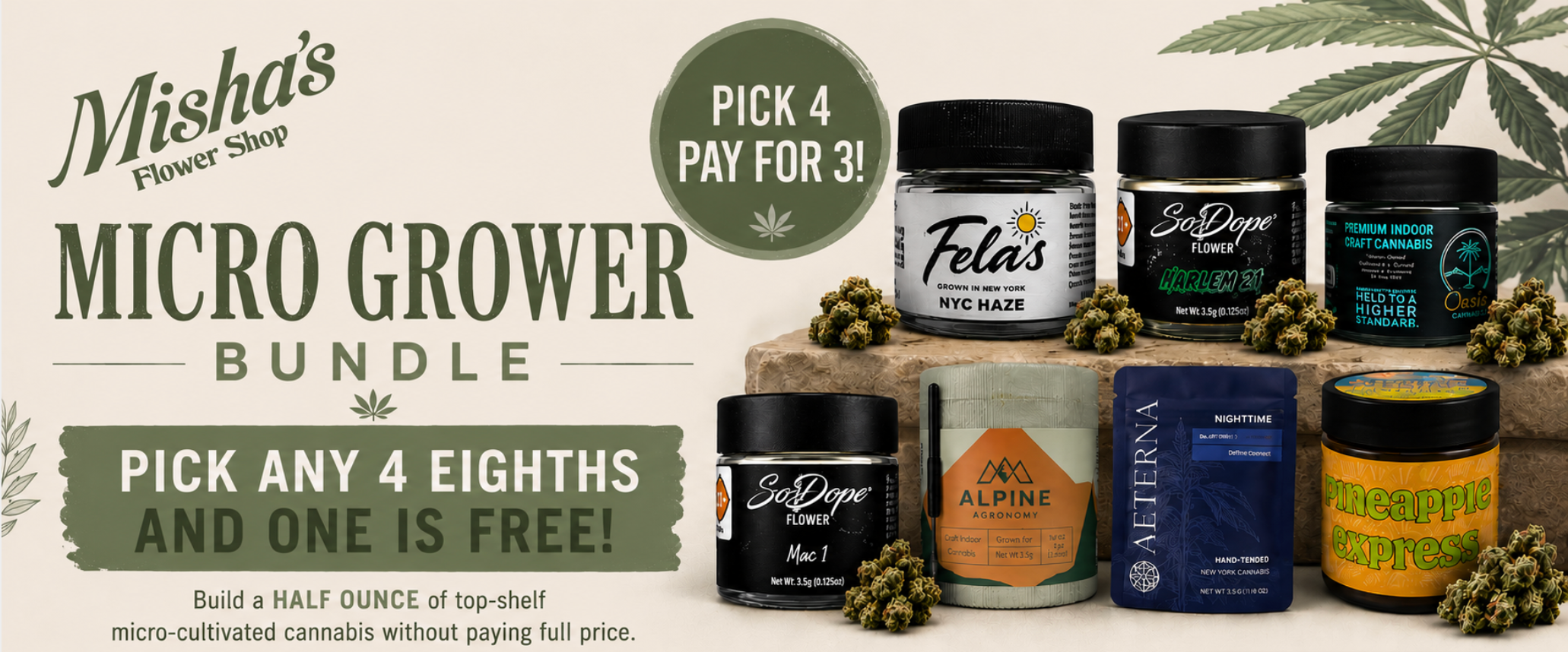 Cannabis Promo, Cannabis Sales, Cannabis Discounts, Cannabis on Sale, Micro-cultivator Half-Ounce bundle: 4 Eighths for the Price of 3