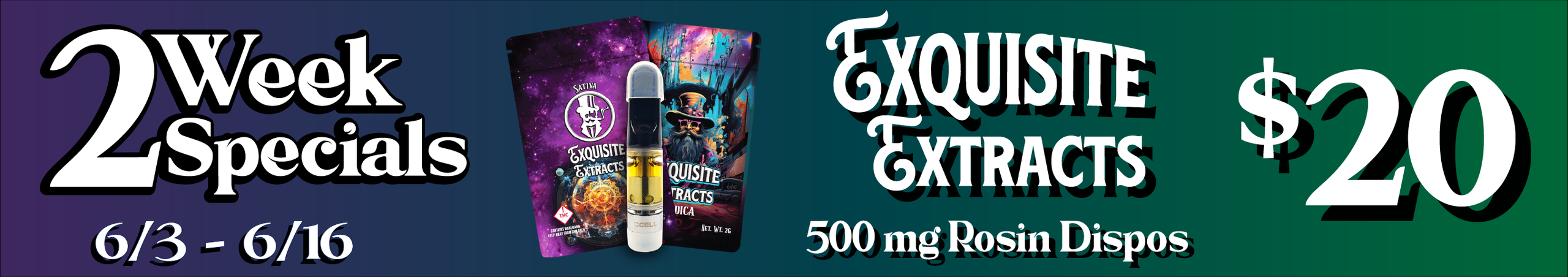 Cannabis Promo, Cannabis Sales, Cannabis Discounts, Cannabis on Sale, Exquisite Extracts 500mg Rosin Dispos — $20