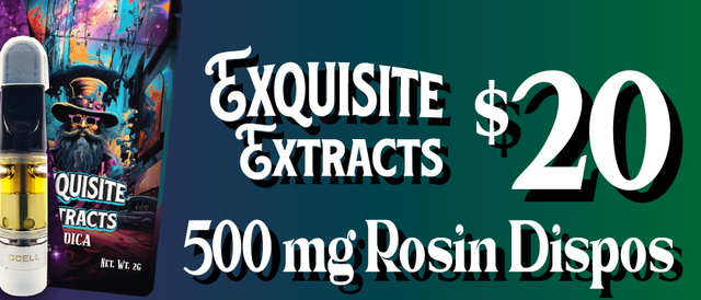 Cannabis Promo, Cannabis Sales, Cannabis Discounts, Cannabis on Sale, Exquisite Extracts 500mg Rosin Dispos — $20