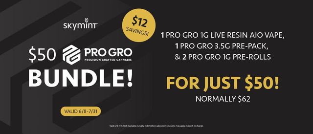 Cannabis Promo, Cannabis Sales, Cannabis Discounts, Cannabis on Sale, $50 Pro Gro Bundle: (1) Disposable, (2) Pre-Rolls, (1) 8th