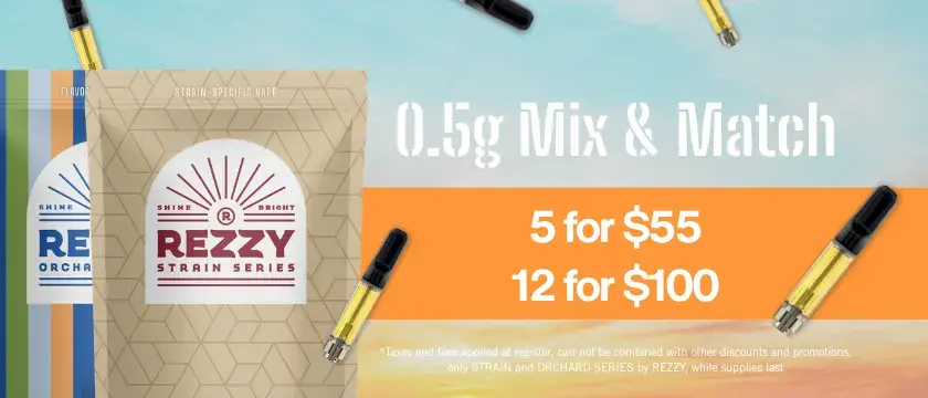 Cannabis Promo, Cannabis Sales, Cannabis Discounts, Cannabis on Sale, 5 for $55 0.5g Rezzy Cartridges