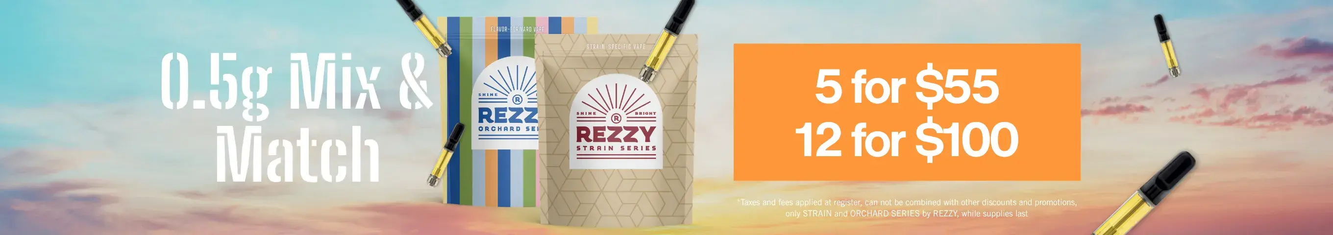 Cannabis Promo, Cannabis Sales, Cannabis Discounts, Cannabis on Sale, 5 for $55 0.5g Rezzy Cartridges