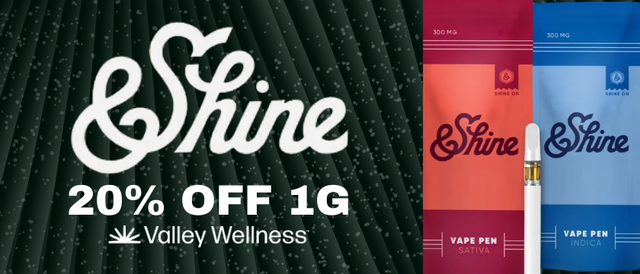 Cannabis Promo, Cannabis Sales, Cannabis Discounts, Cannabis on Sale, 20% off &Shine 1g Vapes!