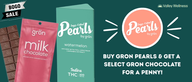 Cannabis Promo, Cannabis Sales, Cannabis Discounts, Cannabis on Sale, Buy any Gron Pearls & Get a select Chocolate! *