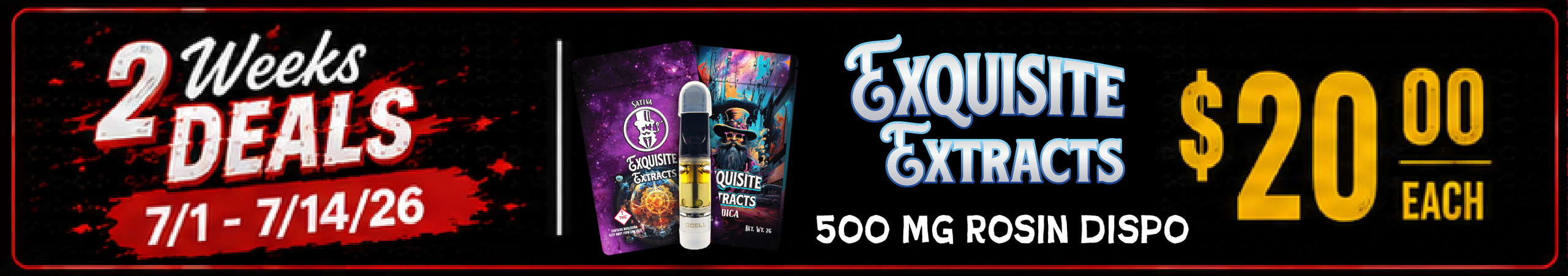 Cannabis Promo, Cannabis Sales, Cannabis Discounts, Cannabis on Sale, Exquisite Extracts 500 mg Rosin Dispos — $20