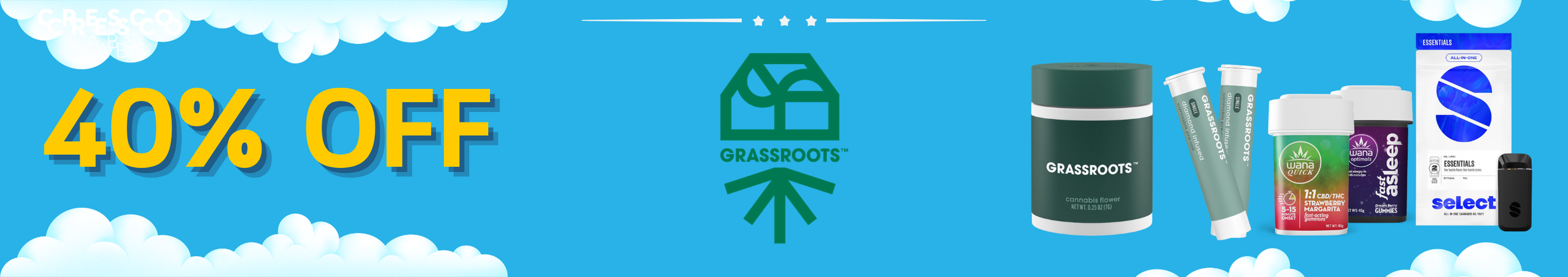 Cannabis Promo, Cannabis Sales, Cannabis Discounts, Cannabis on Sale, 40% Off Grassroots