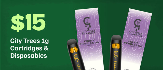 Cannabis Promo, Cannabis Sales, Cannabis Discounts, Cannabis on Sale, $15 City Trees 1g Cartridges & Disposables