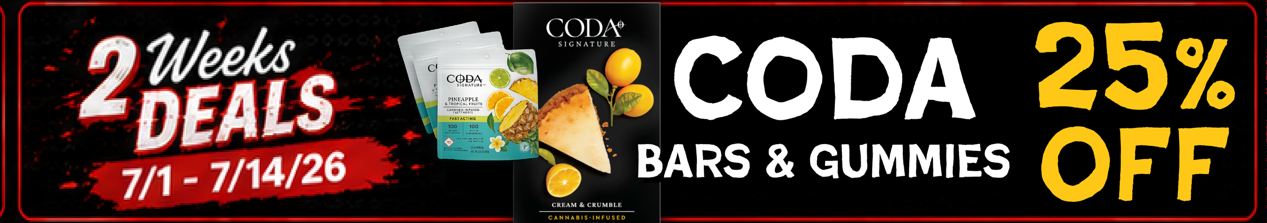 Cannabis Promo, Cannabis Sales, Cannabis Discounts, Cannabis on Sale, Coda Gummies & Bars — 25% off