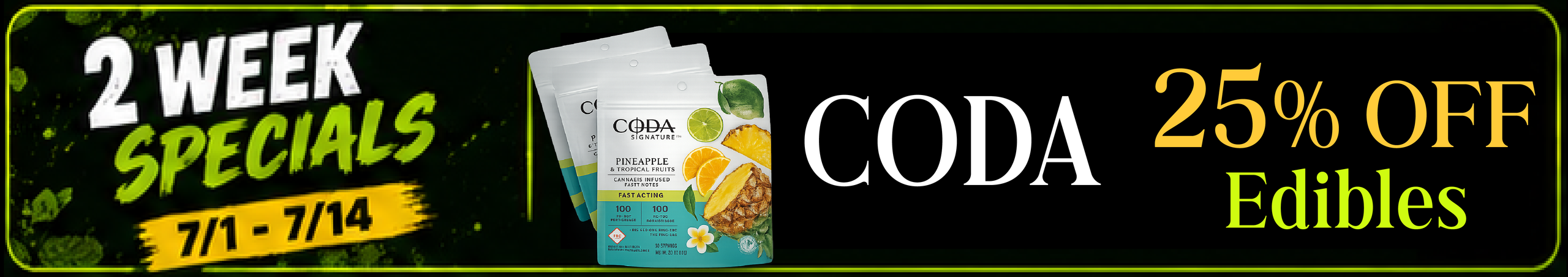 Cannabis Promo, Cannabis Sales, Cannabis Discounts, Cannabis on Sale, Coda Gummies & Bars — 25% off