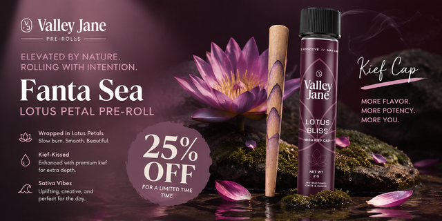 Cannabis Promo, Cannabis Sales, Cannabis Discounts, Cannabis on Sale, 25% Off Valley Jane Lotus Leaf Pre-Roll
