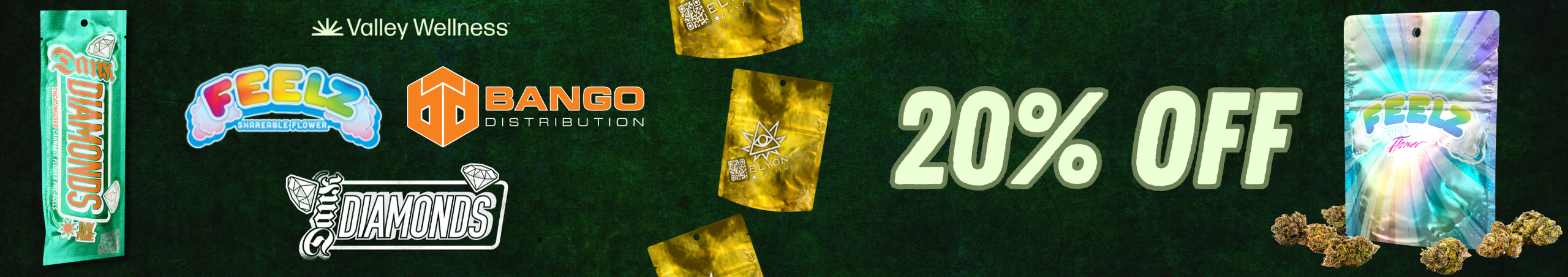 Cannabis Promo, Cannabis Sales, Cannabis Discounts, Cannabis on Sale, 20% Off Elyon, Feelz & Dank Diamonds!