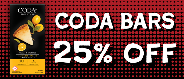Cannabis Promo, Cannabis Sales, Cannabis Discounts, Cannabis on Sale, Coda Bars — 25% off