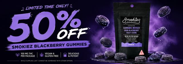 Cannabis Promo, Cannabis Sales, Cannabis Discounts, Cannabis on Sale, 50% OFF SMOKIEZ BLACKBERRY GUMMIES