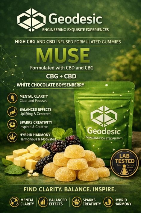 Muse Formulated 10 pk 2:1:1 THC:CBD:CBG White Chocolate Boysenberry Geodesic Muse Formulated 10 pk 2:1:1 THC:CBD:CBG White Chocolate Boysenberry Geodesic