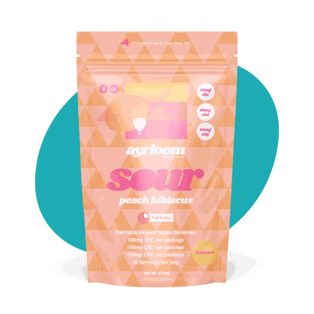 Ayrloom Sour Peach Hibiscus 10mg THC : 10mg CBD : 10mg CBG