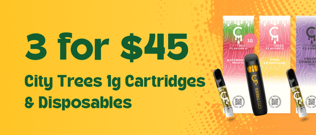 Cannabis Promo, Cannabis Sales, Cannabis Discounts, Cannabis on Sale, 3 for $45 City Trees 1g Cartridges & Disposables
