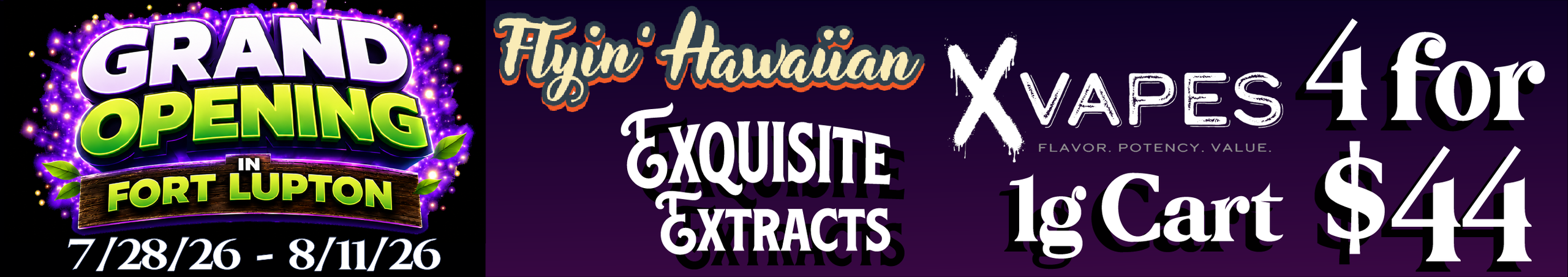 Cannabis Promo, Cannabis Sales, Cannabis Discounts, Cannabis on Sale, Flyin Hawaiian, X vapes, Exquisite Extracts 1G cart — 4/$44