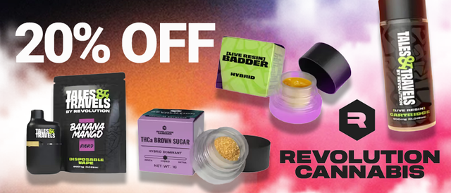 Cannabis Promo, Cannabis Sales, Cannabis Discounts, Cannabis on Sale, Revolution Weekly 20%