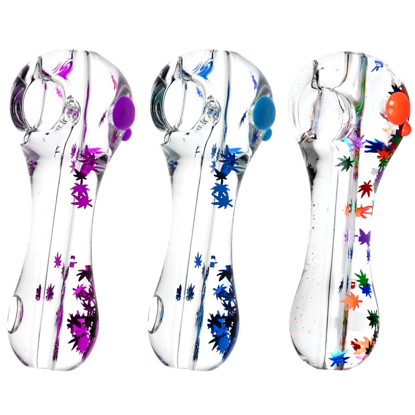 Hemp Leaf Glitter Glycerin Glass Spoon Pipe Colors Vary