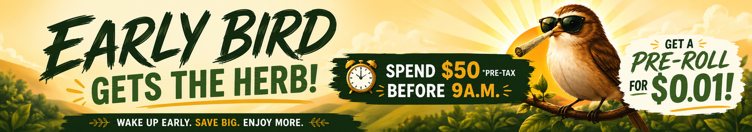 Cannabis Promo, Cannabis Sales, Cannabis Discounts, Cannabis on Sale, Early Bird Gets The Worm
