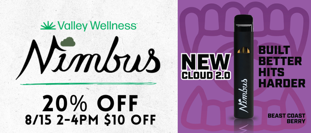 Cannabis Promo, Cannabis Sales, Cannabis Discounts, Cannabis on Sale, 20% off Nimbus