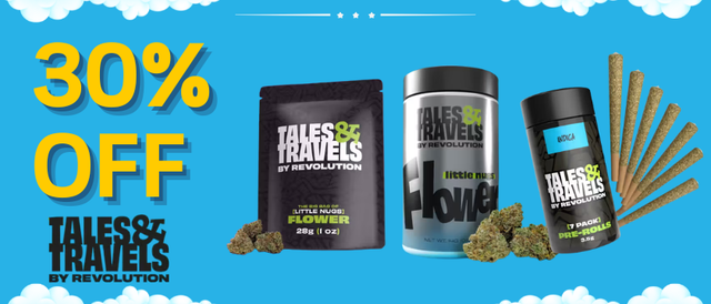 Cannabis Promo, Cannabis Sales, Cannabis Discounts, Cannabis on Sale, 30% Off Tales & Travels