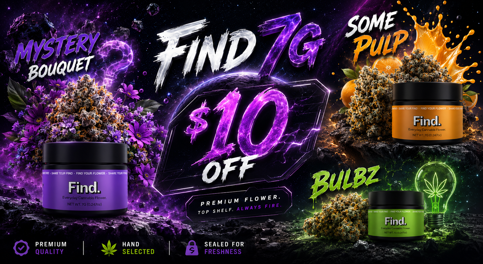 Cannabis Promo, Cannabis Sales, Cannabis Discounts, Cannabis on Sale, $10 Off Find 7G