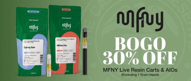 Cannabis Promo, Cannabis Sales, Cannabis Discounts, Cannabis on Sale, MFNY Live Resin Carts/AIO BOGO 30%