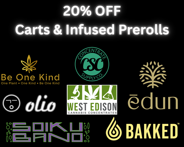 Cannabis Promo, Cannabis Sales, Cannabis Discounts, Cannabis on Sale, Thursdaze 20% off Infused Prerolls and Carts